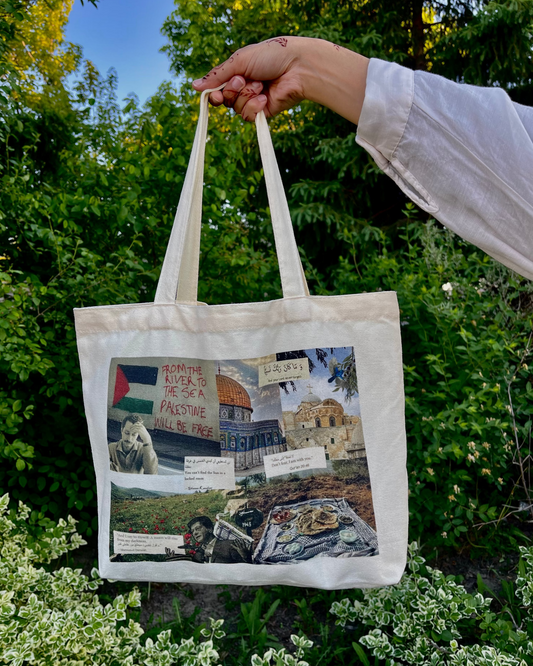Palestine Tote bag with original design held by a person in a garder